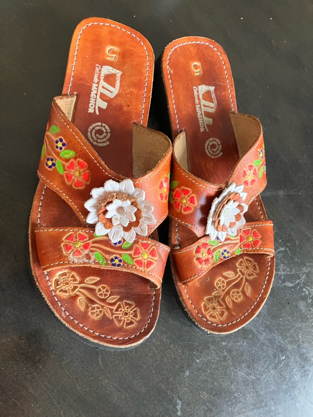 Handcrafted Brown Floral Leather Slide Sandals - Women's